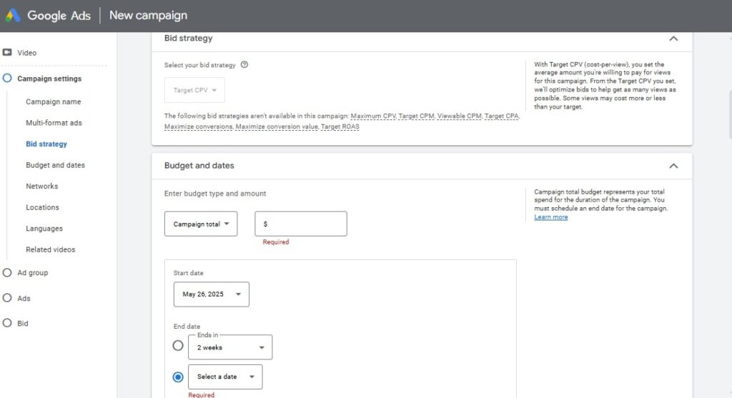 Googles ads bidding and budget setup