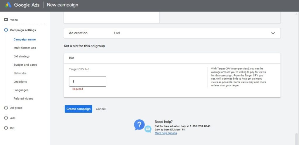 Video ad upload interface