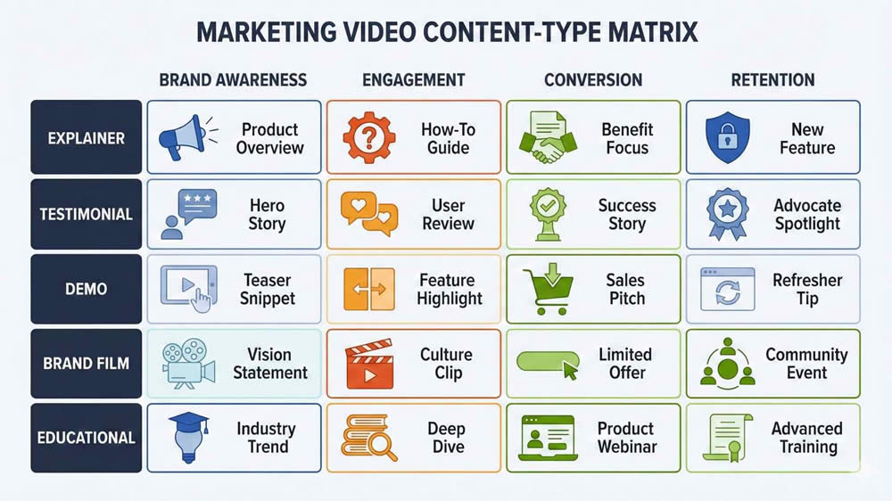 Marketing video content type matrix 