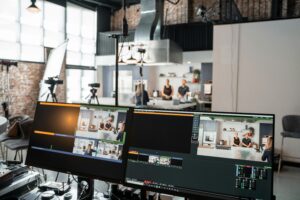 Studio video production setup with monitors and cameras