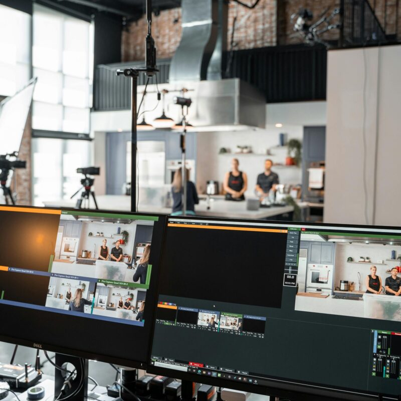 Studio video production setup with monitors and cameras