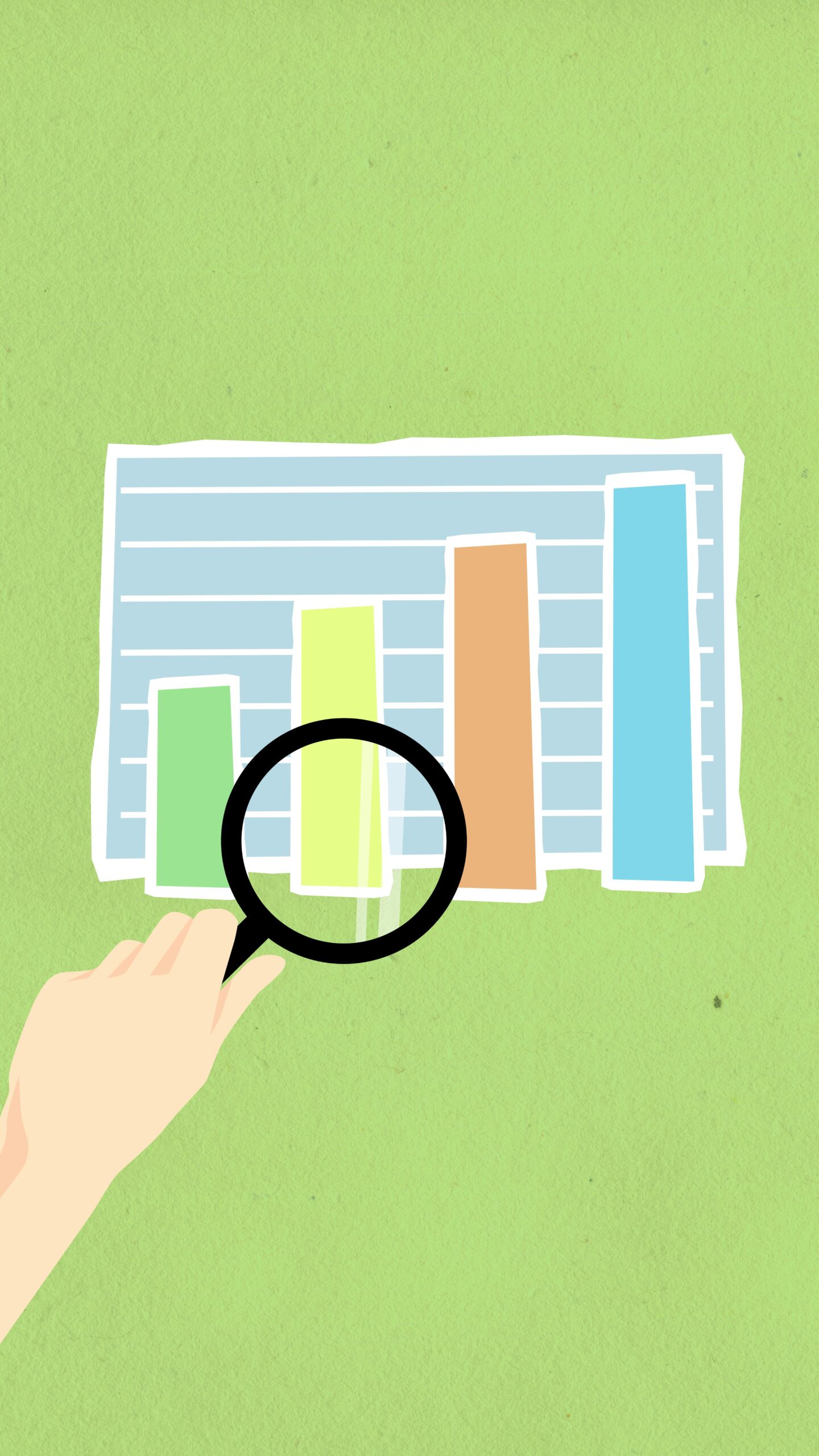 Hand holding a magnifying glass hovering over a bar graph