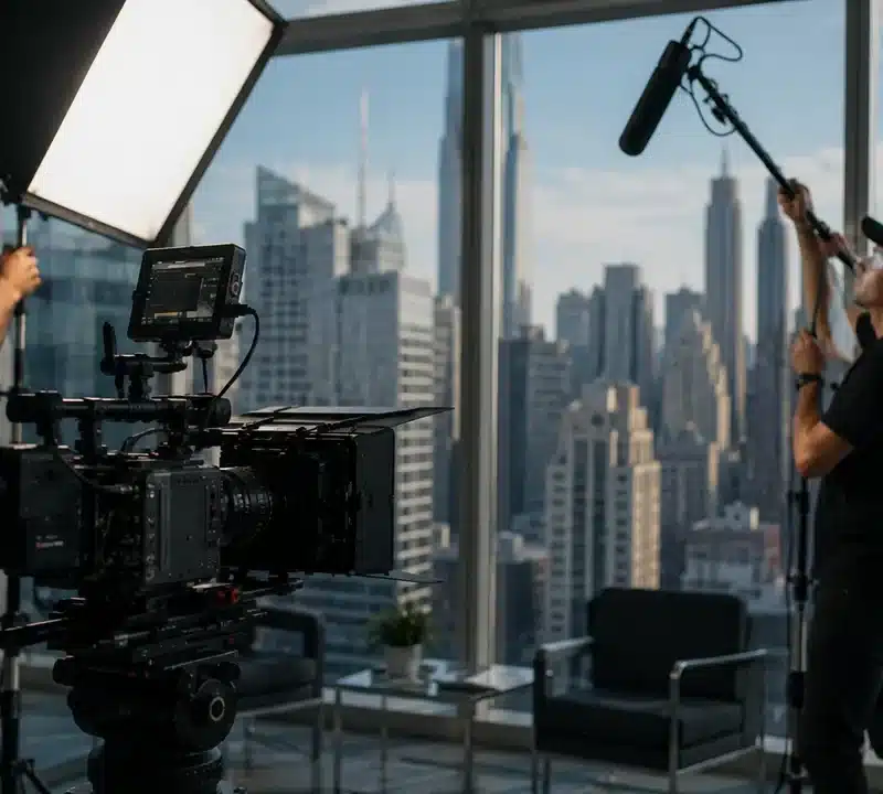corporate video production studio with cinema camera, executive interview set, and skyline at dusk