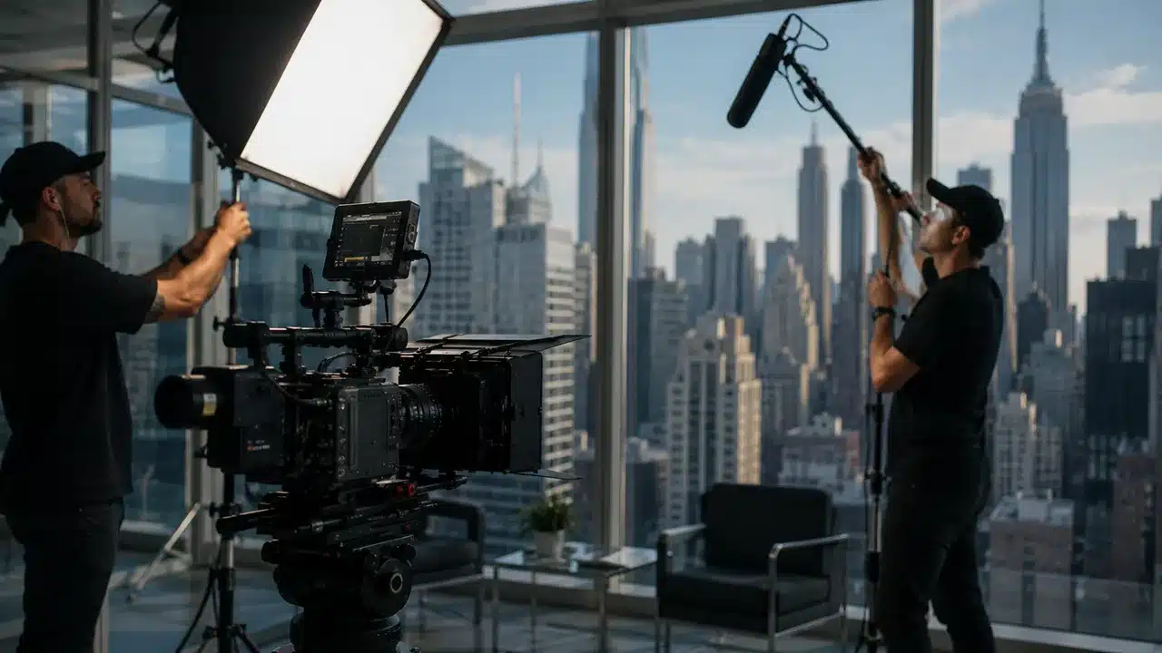 corporate video production studio with cinema camera, executive interview set, and skyline at dusk