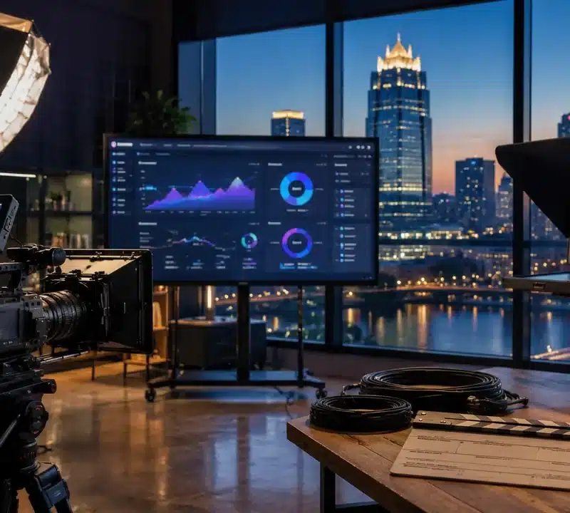Marketing strategist and videographer at a creative video agency reviewing storyboards beside a cinema camera in a studio