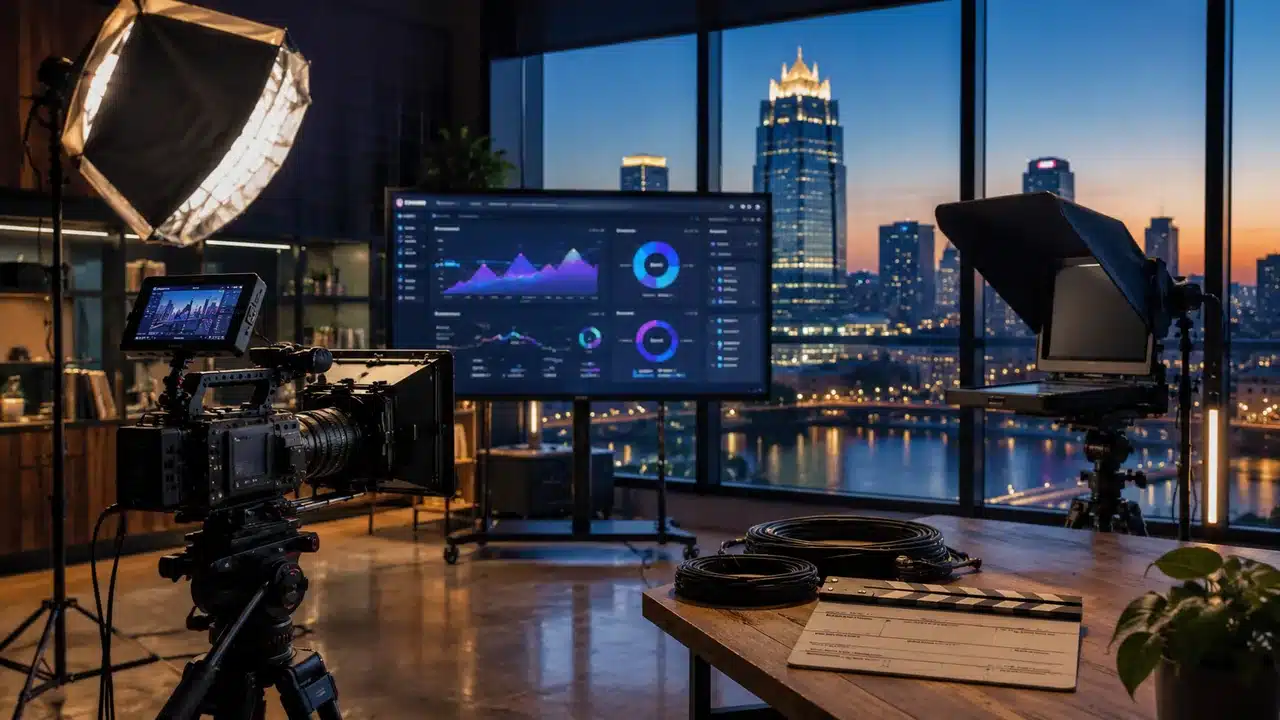 Marketing strategist and videographer at a creative video agency reviewing storyboards beside a cinema camera in a studio