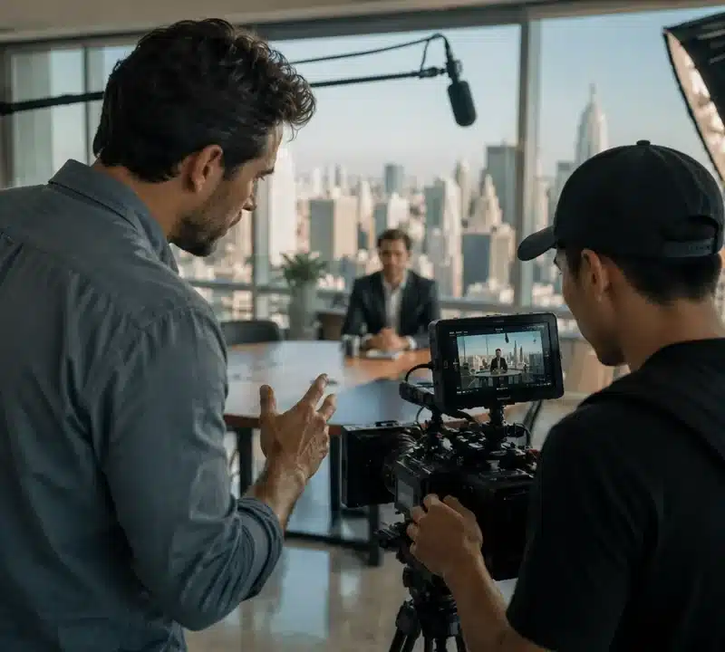 Austin video production company studio with cinema camera facing a SaaS demo dashboard and downtown skyline at dusk