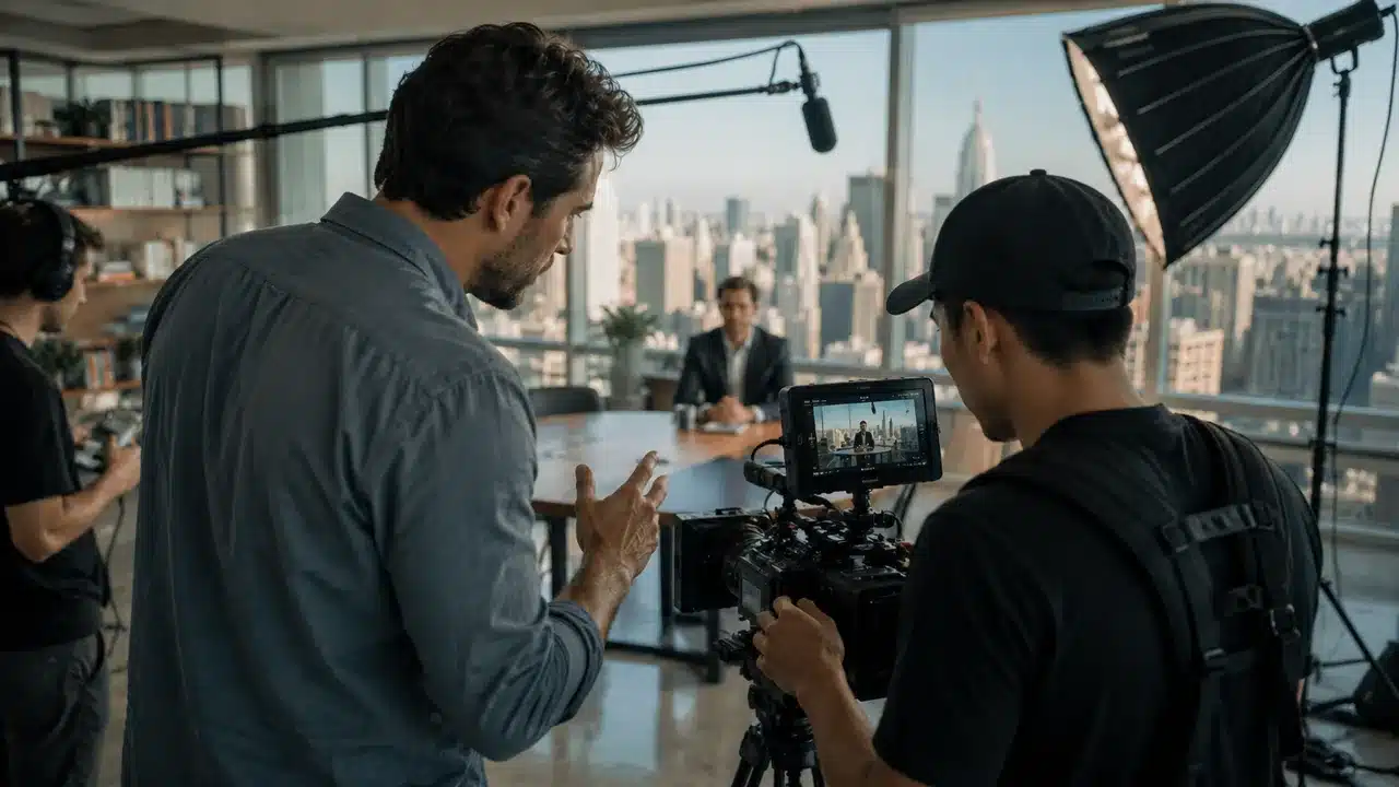 Austin video production company studio with cinema camera facing a SaaS demo dashboard and downtown skyline at dusk