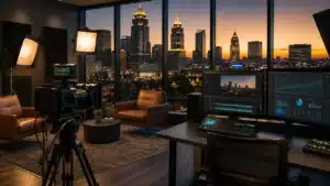 Chicago video production company studio with grading monitors, cinema camera, and skyline through the window at dusk