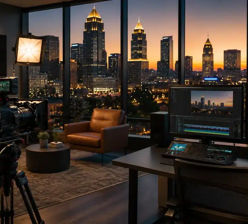 Chicago video production company studio with grading monitors, cinema camera, and skyline through the window at dusk