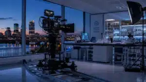 A cinema camera on a dolly framed on a modern Boston life-sciences lab interior at blue hour, with softbox lighting and the city skyline visible through floor-to-ceiling glass.