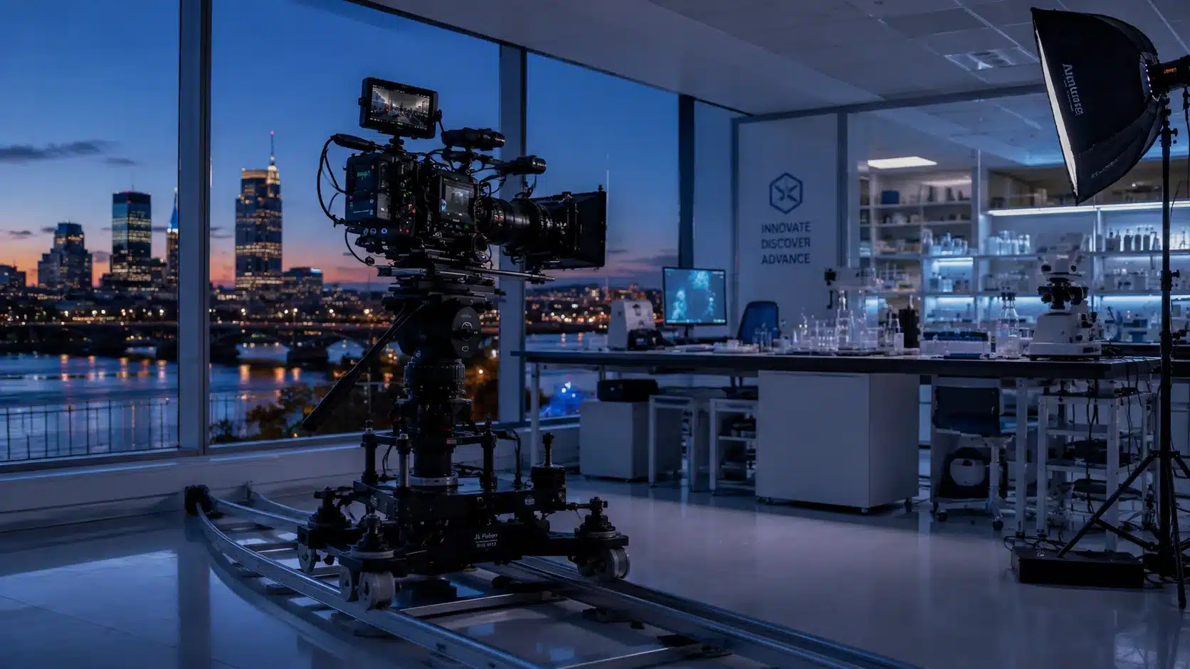 A cinema camera on a dolly framed on a modern Boston life-sciences lab interior at blue hour, with softbox lighting and the city skyline visible through floor-to-ceiling glass.