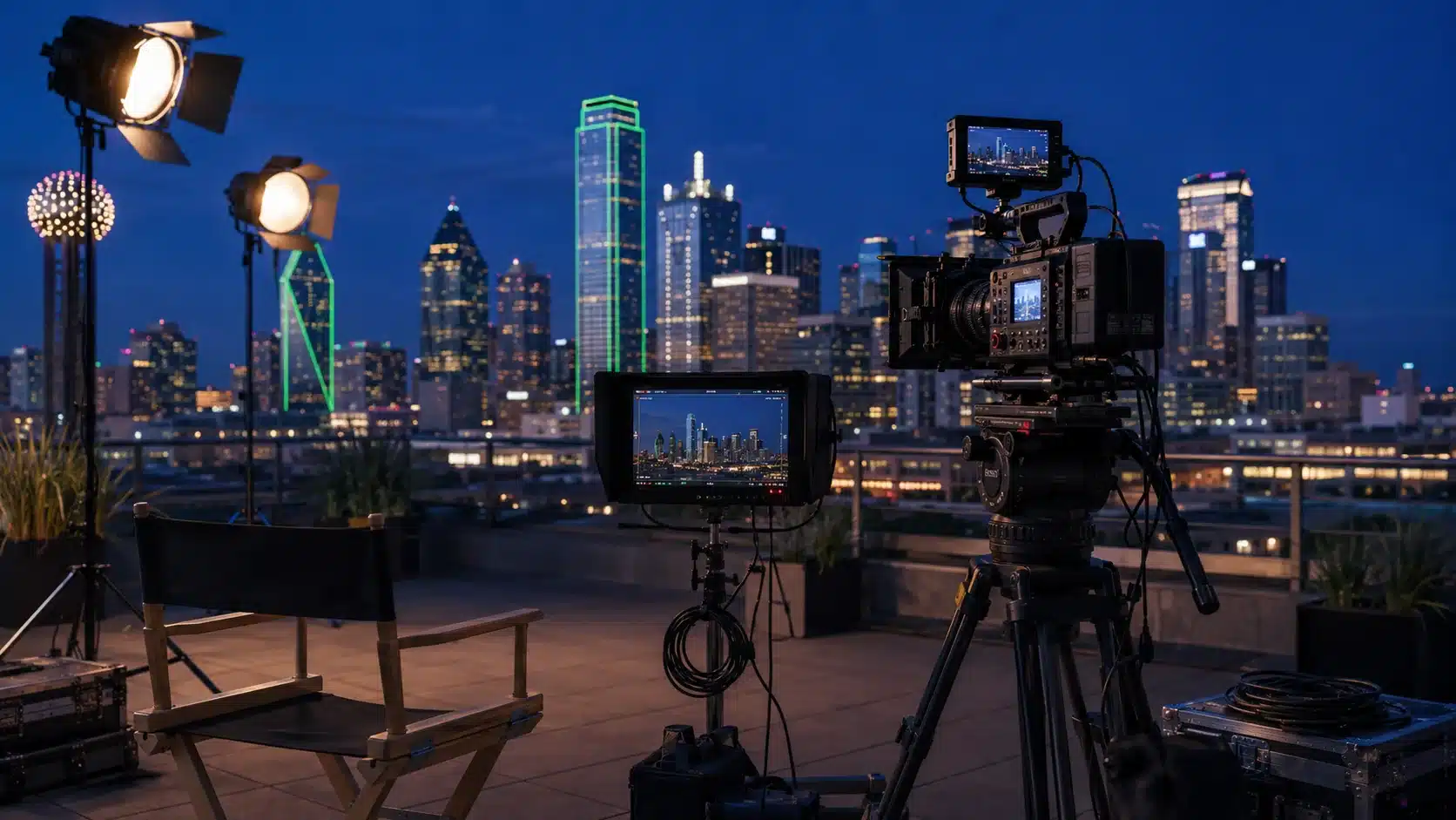 A cinema camera on a tripod and a lit interview setup on a Dallas rooftop at dusk, with the downtown skyline and Reunion Tower glowing in the background; no people in frame.