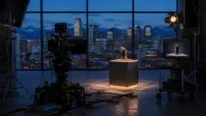 A high-end product launch video set in a Denver studio at blue hour: a cinema camera on a dolly frames a lit product on a pedestal, with the downtown Denver skyline and Front Range visible through a large window