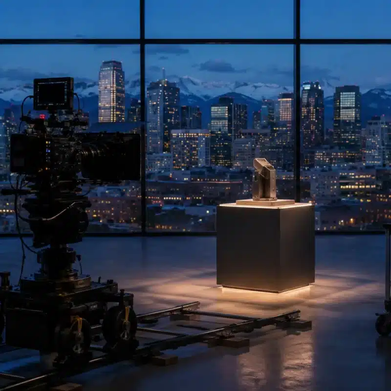A high-end product launch video set in a Denver studio at blue hour: a cinema camera on a dolly frames a lit product on a pedestal, with the downtown Denver skyline and Front Range visible through a large window
