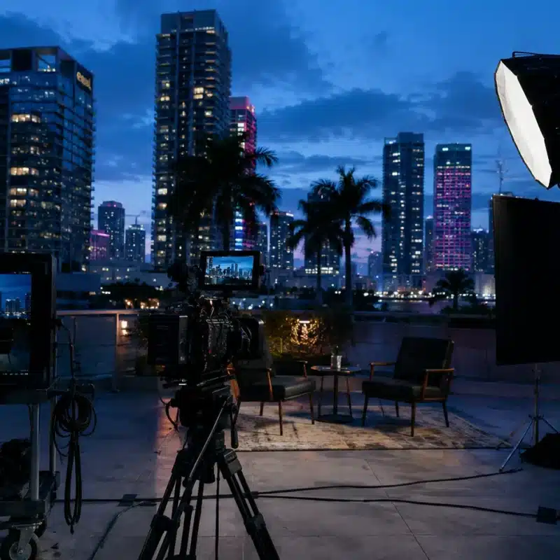 A professional B2B video shoot on a downtown Miami office rooftop at blue hour: a cinema camera on a tripod frames an empty interview chair, a softbox glows, and the illuminated Brickell skyline sits behind