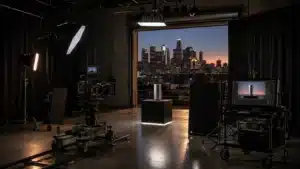 A premium Los Angeles video set at dusk: a product on a lit pedestal, cinema camera on a dolly, softboxes and flags, monitors showing a color-graded frame, downtown LA skyline through the stage door
