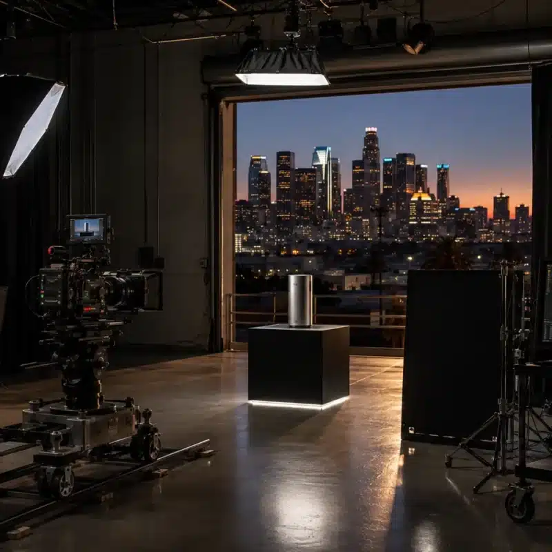 A premium Los Angeles video set at dusk: a product on a lit pedestal, cinema camera on a dolly, softboxes and flags, monitors showing a color-graded frame, downtown LA skyline through the stage door
