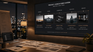 A dim B2B marketing war room where a large wall display maps a product launch as five connected video assets, teaser, hero film, demo, customer proof, and social cutdowns, across a buyer-stage timeline