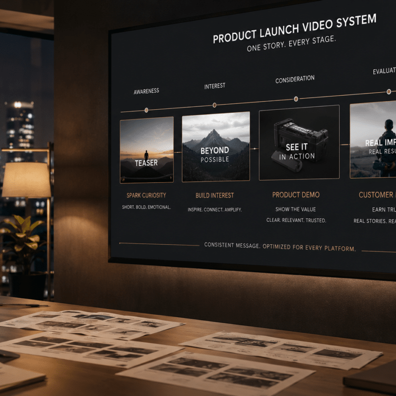 A dim B2B marketing war room where a large wall display maps a product launch as five connected video assets, teaser, hero film, demo, customer proof, and social cutdowns, across a buyer-stage timeline