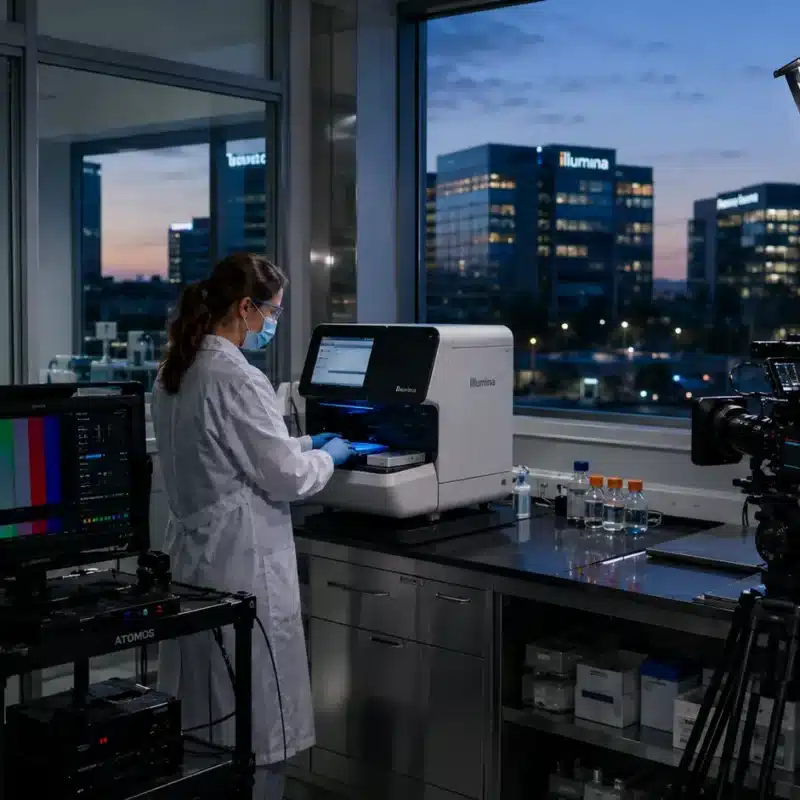 A cinematic 16:9 view of a video crew filming inside a modern San Diego biotech lab at dusk: a camera operator frames a scientist in a cleanroom gown working at an instrument, with a soft LED panel and a monitor cart in the foreground.