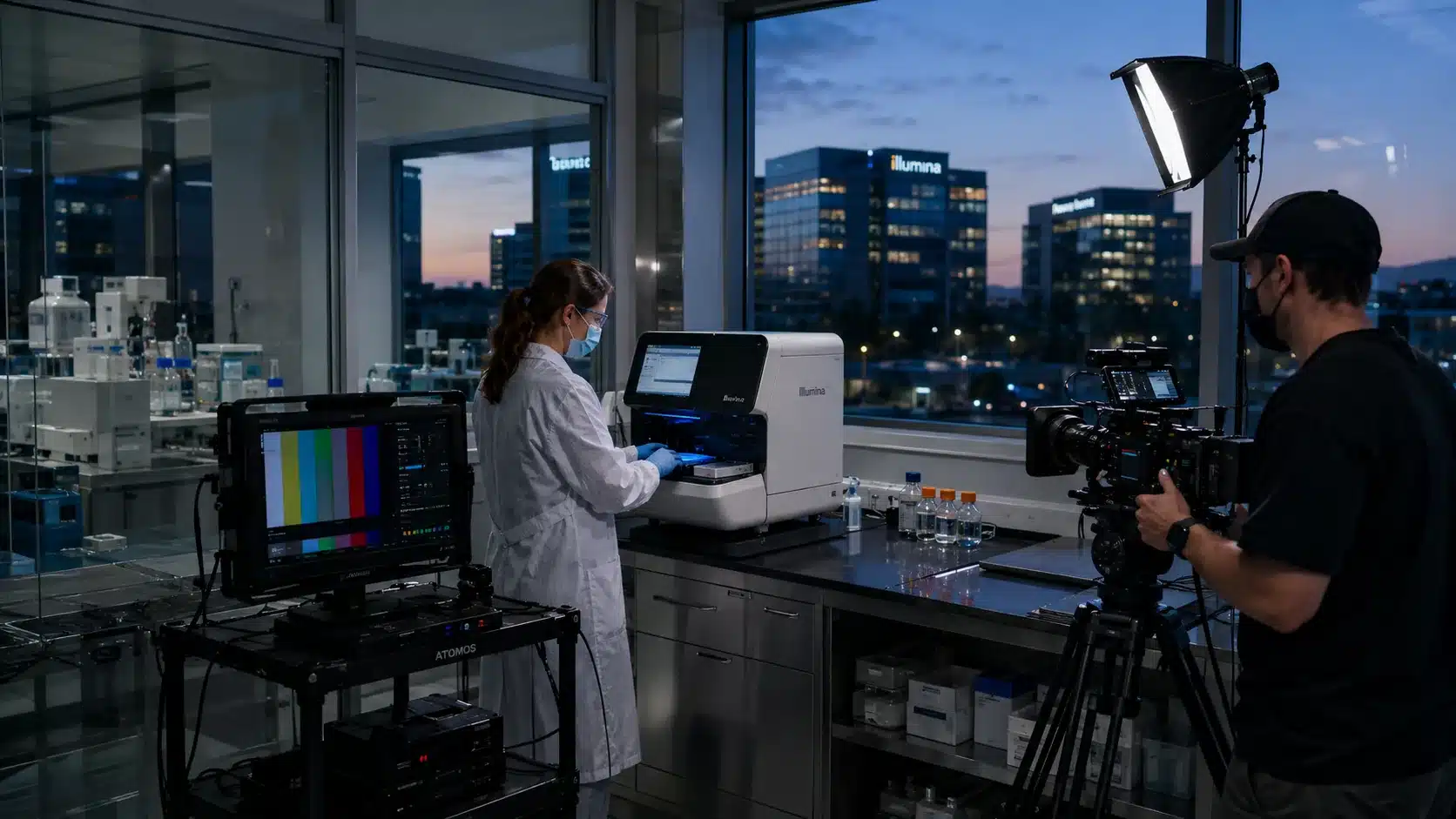 A cinematic 16:9 view of a video crew filming inside a modern San Diego biotech lab at dusk: a camera operator frames a scientist in a cleanroom gown working at an instrument, with a soft LED panel and a monitor cart in the foreground.
