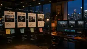 A video content agency planning wall at blue hour: a funnel map with brand film, product demo, customer story, and social cutdown cards pinned in sequence, beside an editing station showing the same footage cut into multiple aspect ratios