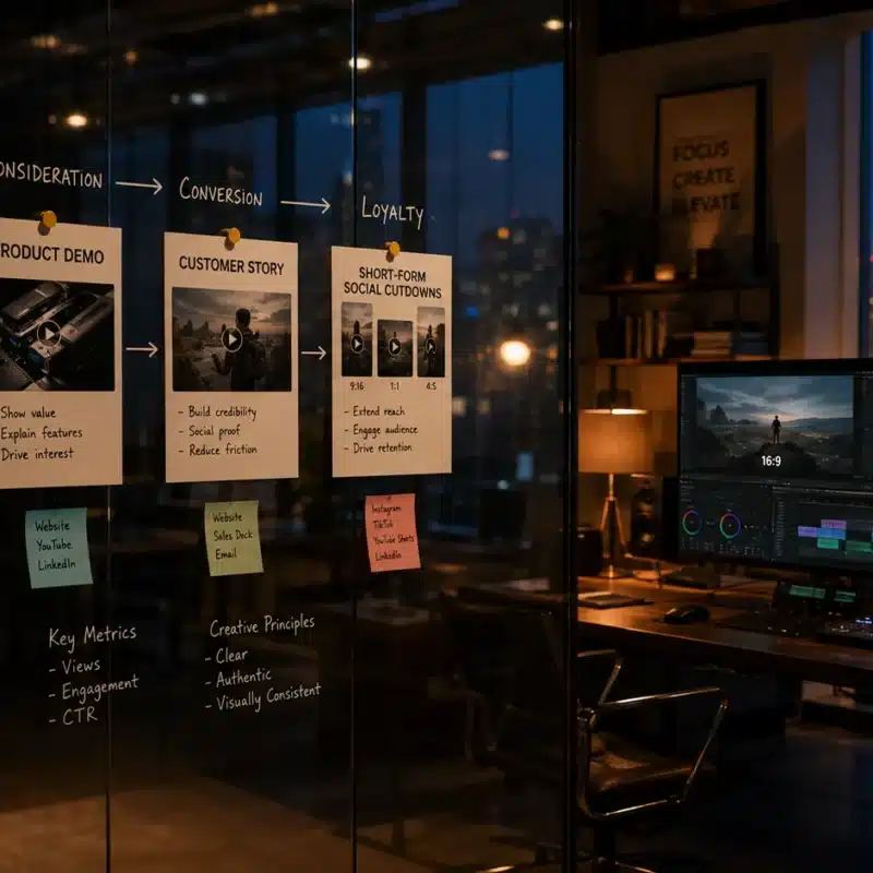 A video content agency planning wall at blue hour: a funnel map with brand film, product demo, customer story, and social cutdown cards pinned in sequence, beside an editing station showing the same footage cut into multiple aspect ratios