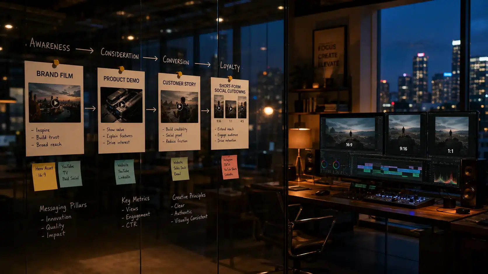 A video content agency planning wall at blue hour: a funnel map with brand film, product demo, customer story, and social cutdown cards pinned in sequence, beside an editing station showing the same footage cut into multiple aspect ratios