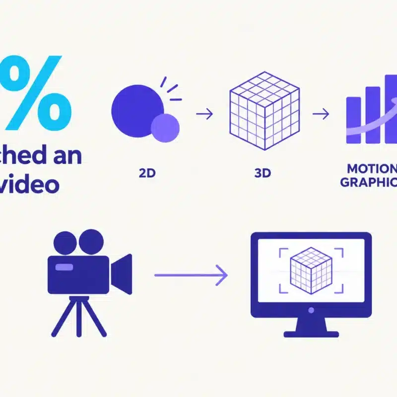 Infographic showing 96% of people have watched an explainer video, beside icons for 2D animation, 3D animation, motion graphics, and a CGI render replacing a camera.