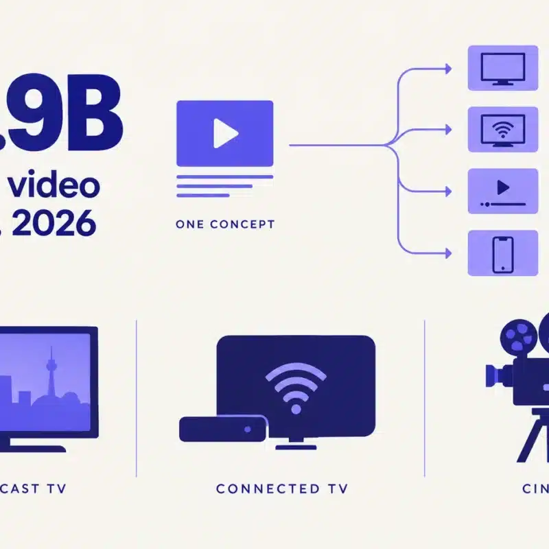 Infographic showing $81.9 billion US digital video ad spend in 2026 beside a broadcast TV screen, a connected TV streaming signal, and a cinema camera.