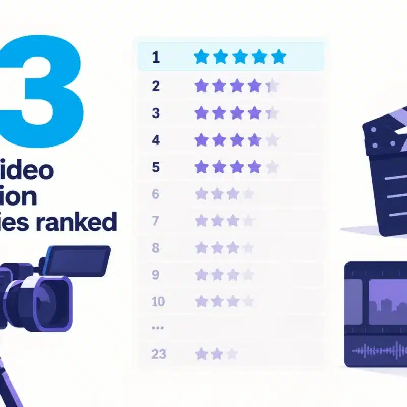 Infographic showing 23 ranked Austin video production companies, with a hero 23 figure beside a camera, an edit timeline, and a five-star review scale.