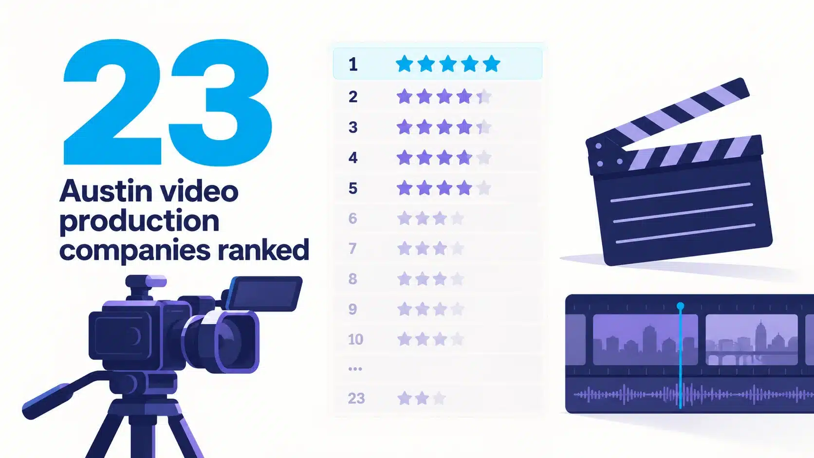 Infographic showing 23 ranked Austin video production companies, with a hero 23 figure beside a camera, an edit timeline, and a five-star review scale.